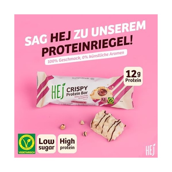HEJ Crispy Protein Bar - Par barre 1,9g de sucre - Par barre 14g de protéines - Saveur: White Chocolate Strawberry - 12 x 45g