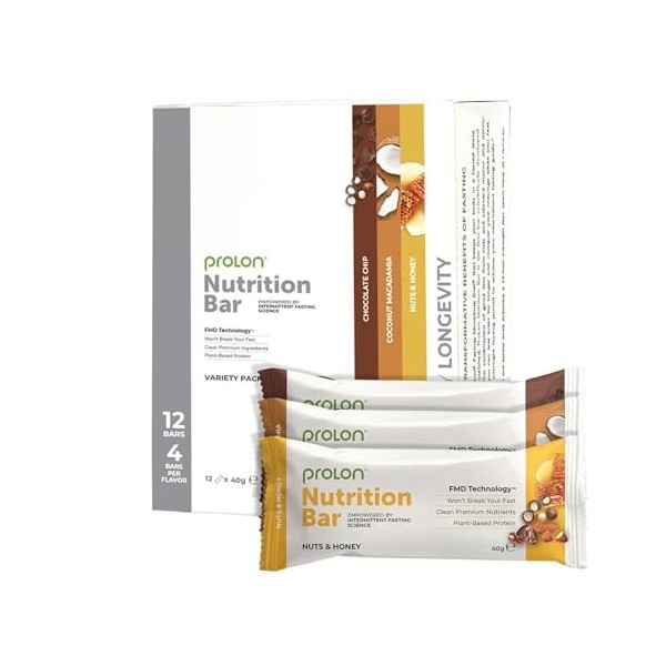 ProLon – Barre énergétique – Barre protéinée pour jeûne intermittent – 12 barres de 40 g – Végétarienne et sans gluten – Fabr