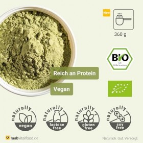 Raab Vitalfood® Bio Protein Shake Poudre verte 360 g – Smoothie vert avec herbe dorge, herbe de blé et matcha, 60% de prot