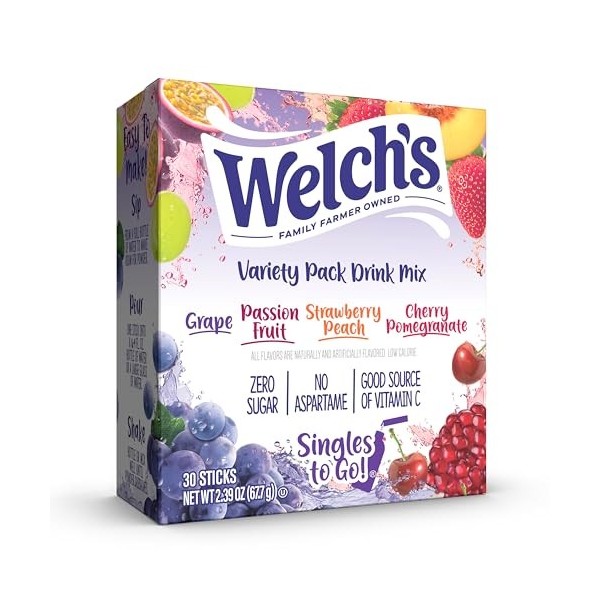 Welchs Singles To Go Variety Pack Watertok Mélange de boissons en poudre, contient 4 saveurs : raisin, fruit de la passion, 