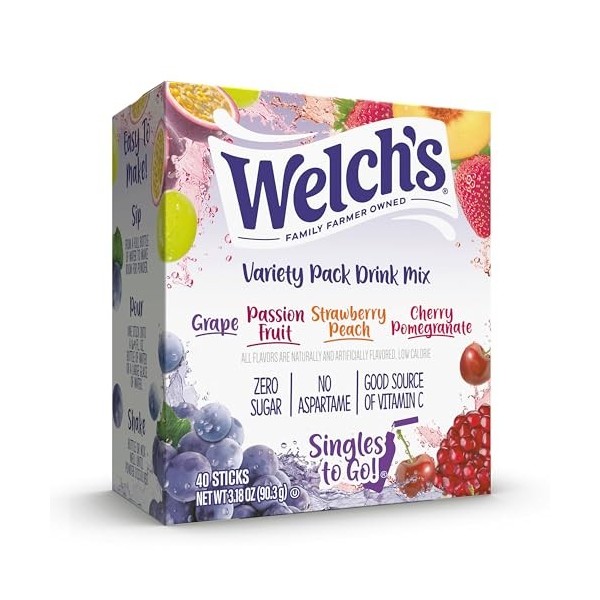 Welchs Singles To Go Variety Pack Watertok Mélange de boissons en poudre, contient 4 saveurs : raisin, fruit de la passion, 