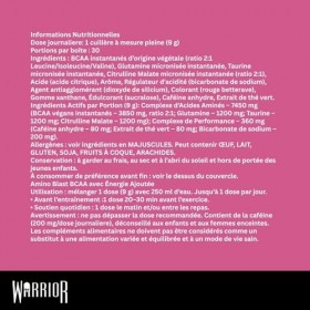 Warrior Amino Blast Poudre BCAA – 270 g, Acides Aminés + Caféine – Supplément Sportif Pré/Intra-Entraînement, Récupération Mu...