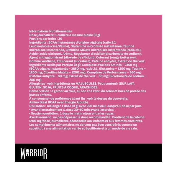 Warrior Amino Blast Poudre BCAA – 270 g, Acides Aminés + Caféine – Supplément Sportif Pré/Intra-Entraînement, Récupération Mu...