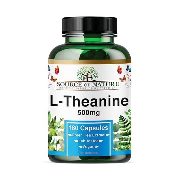 L-Théanine 500 mg – 180 Gélules Véganes – Acide Aminé Hautement Dosé issu du Thé Vert | Approvisionnement de 6 Mois | 98% Pur