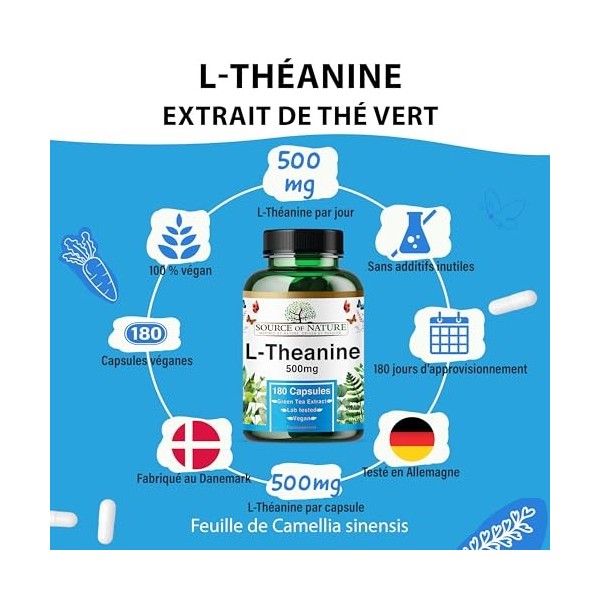 L-Théanine 500 mg – 180 Gélules Véganes – Acide Aminé Hautement Dosé issu du Thé Vert | Approvisionnement de 6 Mois | 98% Pur