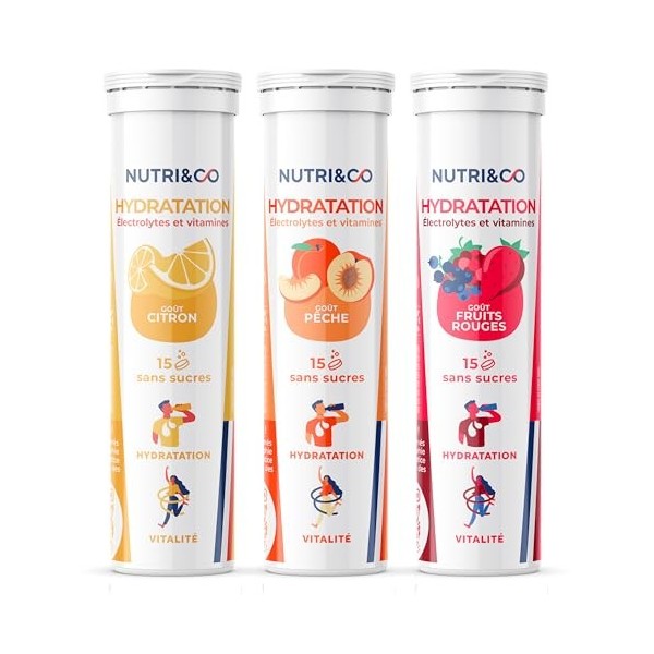 NUTRI & CO Électrolytes Hydratation - 5 Minéraux 4 Vitamines - Sans Sucre ni Édulcorant - Haute Absorption - Triple Goûts - L
