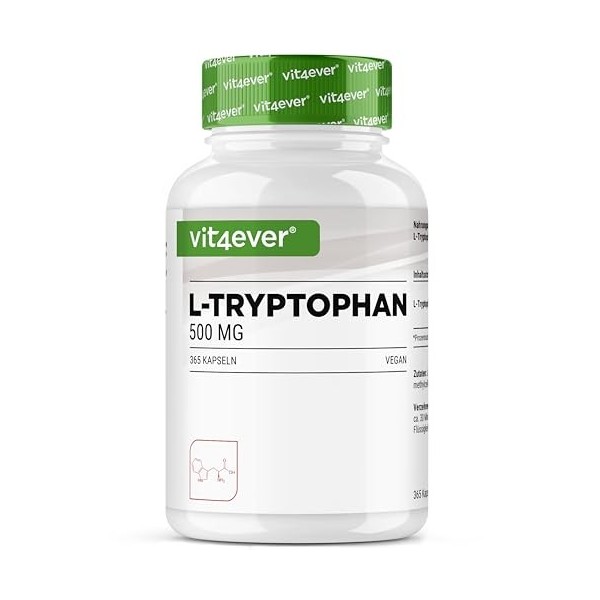 L-tryptophane - hautement dosé avec 500 mg par gélule - 365 gélules véganes - réserve de 12 mois - issu de fermentation végét