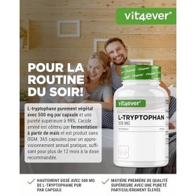 L-tryptophane - hautement dosé avec 500 mg par gélule - 365 gélules véganes - réserve de 12 mois - issu de fermentation végét