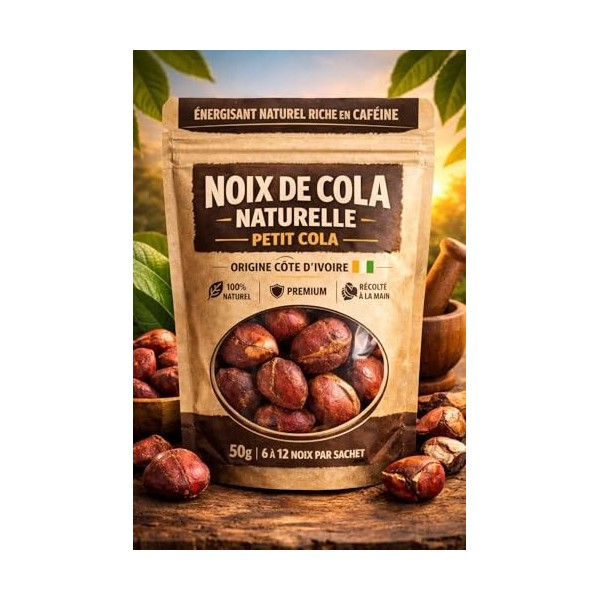 Petit Cola Naturel de Côte d’Ivoire – Noix de Cola Brute Premium 50 g – Kola Nut Authentique – Sac Zippé Alimentaire avec Fen