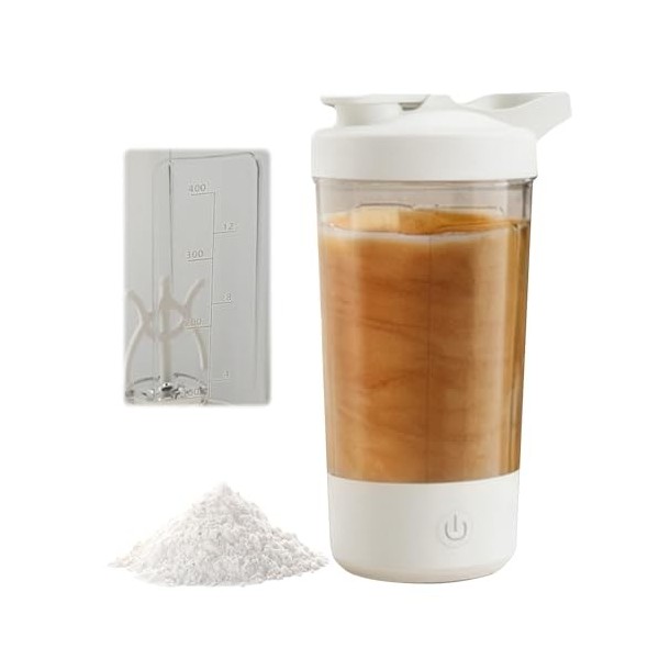 GOEDCH Shaker électrique de 450 ml : shaker électrique blanc à protéines, rechargeable par USB C, pour shake protéiné et milk