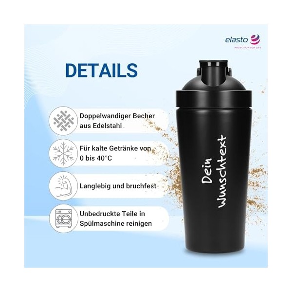 Shaker à protéines personnalisé 600 ml – Gobelet en acier inoxydable à double paroi et incassable – Shaker anti-fuite avec pa...
