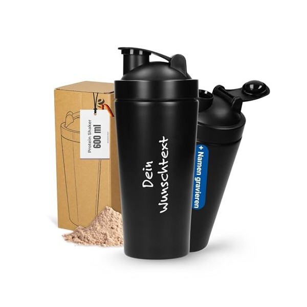 Shaker à protéines personnalisé 600 ml – Gobelet en acier inoxydable à double paroi et incassable – Shaker anti-fuite avec pa...