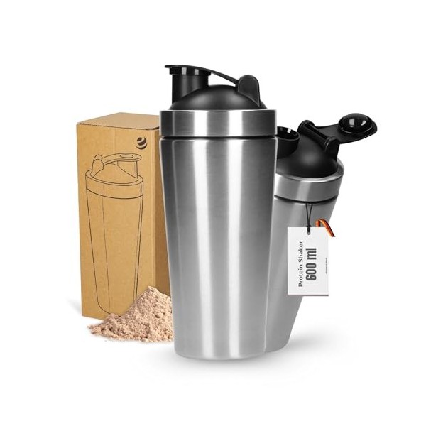 Shaker à protéines personnalisé 600 ml – Gobelet en acier inoxydable à double paroi et incassable – Shaker anti-fuite avec pa...