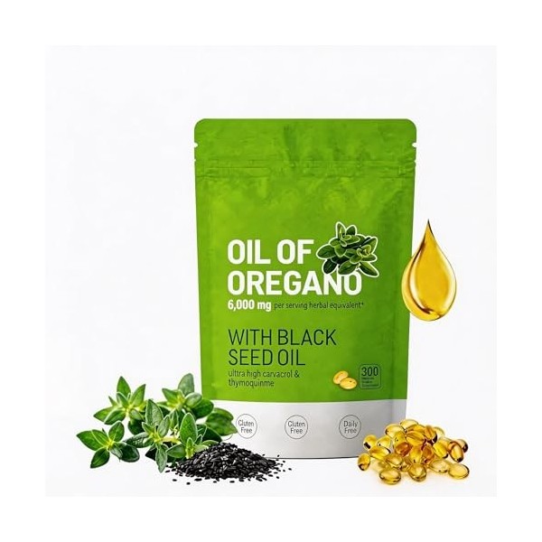 Gélules dHuile dOrigan et Nigelle - Extrait dOrigan Équivalent à 6000 mg avec Huile de Graines Noires 200 mg - Sans OG