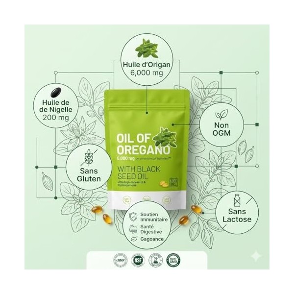 Gélules dHuile dOrigan et Nigelle - Extrait dOrigan Équivalent à 6000 mg avec Huile de Graines Noires 200 mg - Sans OG