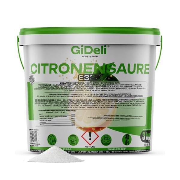 GiDeli Acide citrique de qualité alimentaire en poudre monohydratée 3000 g de cristaux purs E330 qualité nettoyage détartrant