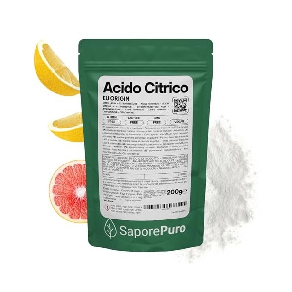 SaporePuro – Acide Citrique Monohydraté 200 g | Régulateur de pH et Acidifiant Alimentaire | Sans Gluten | Pur et Soluble | I