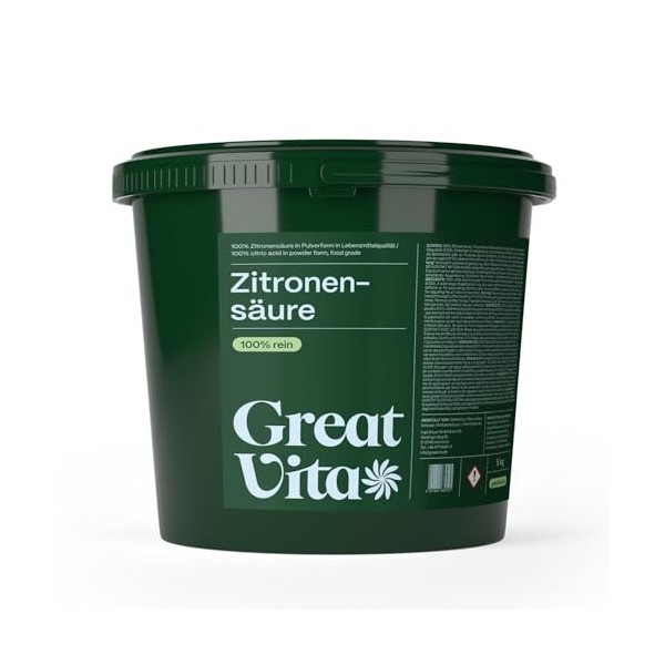 GreatVita Acide citrique monohydrate en poudre 5 kg, qualité alimentaire, acide citrique pur E330, sans OGM, acidifiant idéal