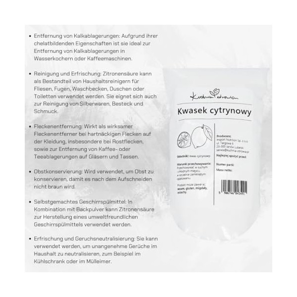 Acide Citrique Alimentaire Pur – Qualité Naturelle pour Cuisine & Nettoyage 1 Kilogramme | KUCHNIA ZDROWIA