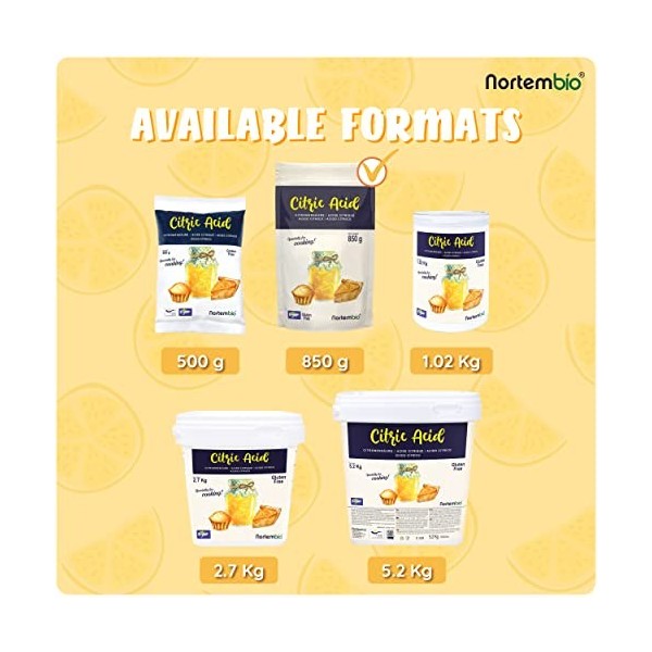 Nortembio Acide Citrique Anhydre 850 g Additif Alimentaire E330 100% Pur. Acidulant et Conservateur pour la Cuisine et la Con