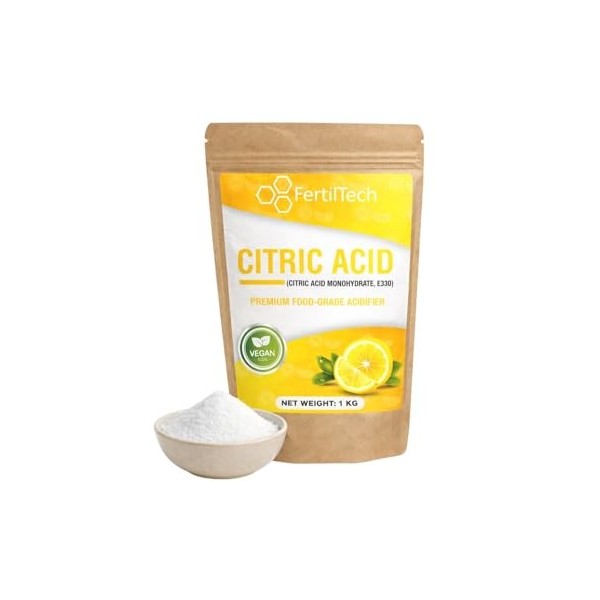 FertilTech Acide Citrique Monohydraté 1 kg E330 Qualité Alimentaire 100% Pur Pour Usages Alimentaires Cuisine et Pâtisserie C