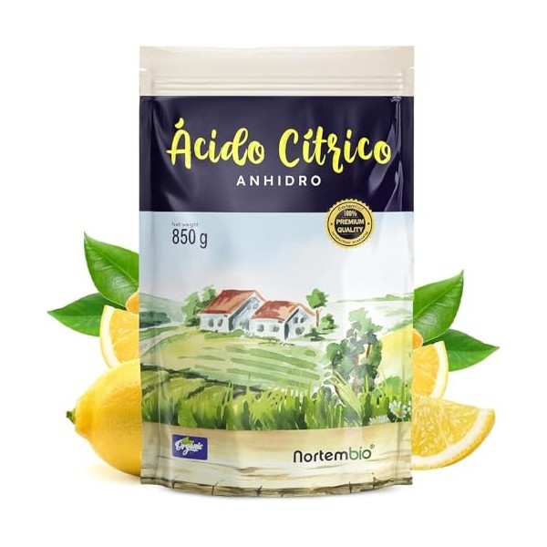 Nortembio Acide Citrique 850 g – Acide Citrique Anhydre Concentré 100 % Pur Certifié – Nettoyage Domestique Polyvalent – Sans