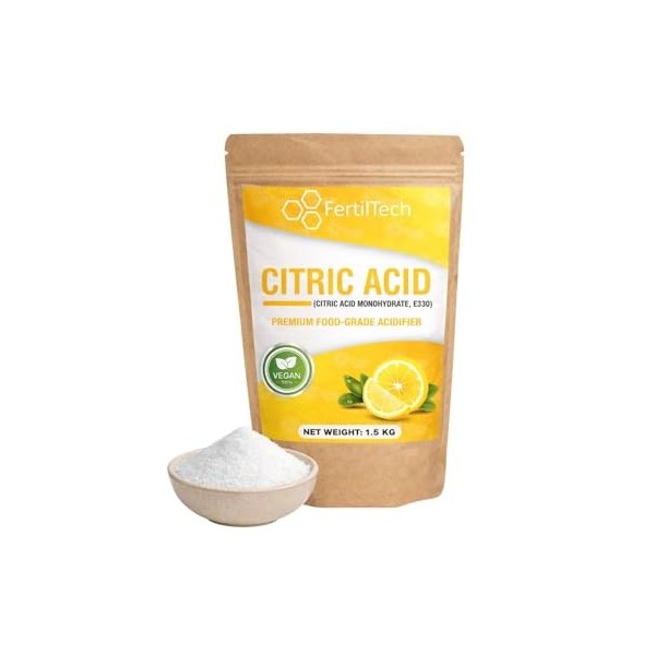 FertilTech Acide Citrique Monohydraté 1.5 kg E330 Qualité Alimentaire 100% Pur Pour Usages Alimentaires Cuisine et Pâtisserie
