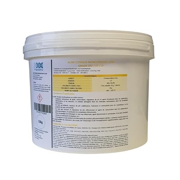 10 KG ACIDE CITRIQUE ALIMENTAIRE MONOHYDRATE E330 GRADE USP/EP/JP Acide citritique