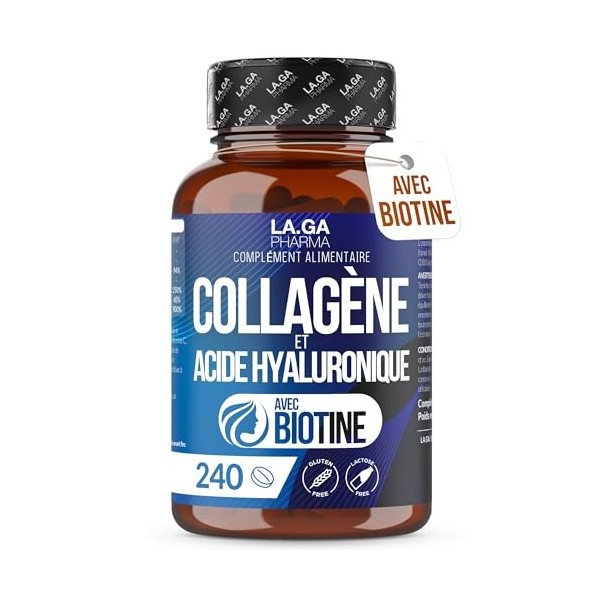 Collagene et Acide Hyaluronique avec Biotine. 240 comprimés à haute dose pour Cheveux, Peau, Ongles et Articulations. Collage