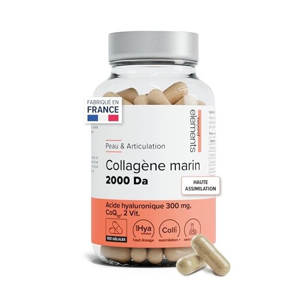 Collagène marin 2000Da + Acide hyaluronique 300mg, haute absorption, types I&III, peau hydratée, Coenzyme Q10, Vitamine C et 