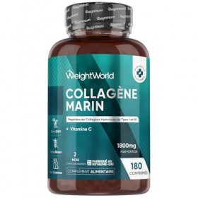 Collagène Marin Hydrolysé Type 1 & 3 avec Vitamine C, 1800mg par Portion, 180 Comprimés, 2 Mois de Stock, Alternative à la Po