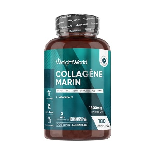 Collagène Marin Hydrolysé Type 1 & 3 avec Vitamine C, 1800mg par Portion, 180 Comprimés, 2 Mois de Stock, Alternative à la Po