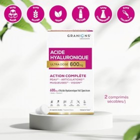Acide Hyaluronique Ultra dosé 600 mg GRANIONS - Biotine - Hydratation intense peau - Niacinamide - Complexe Vitamine B - Anti...