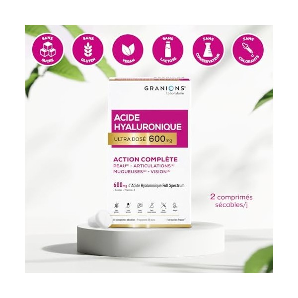 Acide Hyaluronique Ultra dosé 600 mg GRANIONS - Biotine - Hydratation intense peau - Niacinamide - Complexe Vitamine B - Anti...