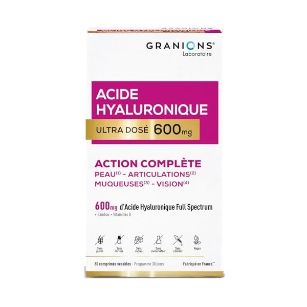 Acide Hyaluronique Ultra dosé 600 mg GRANIONS - Biotine - Hydratation intense peau - Niacinamide - Complexe Vitamine B - Anti...