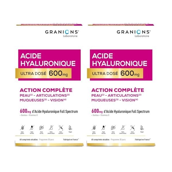 Acide Hyaluronique Ultra dosé 600 mg GRANIONS - Biotine - Hydratation intense peau - Niacinamide - Complexe Vitamine B - Anti...
