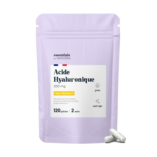 Acide Hyaluronique Pur, 120 Gélules Vegan, Action Anti-Âge + Anti-Rides, 800-900 kDa, Cure de 2 mois, Hydratation de la Peau,...