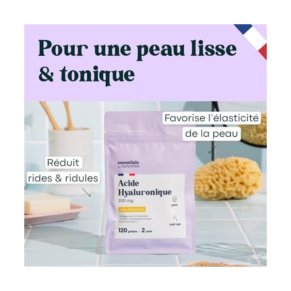Acide Hyaluronique Pur, 120 Gélules Vegan, Action Anti-Âge + Anti-Rides, 800-900 kDa, Cure de 2 mois, Hydratation de la Peau,...