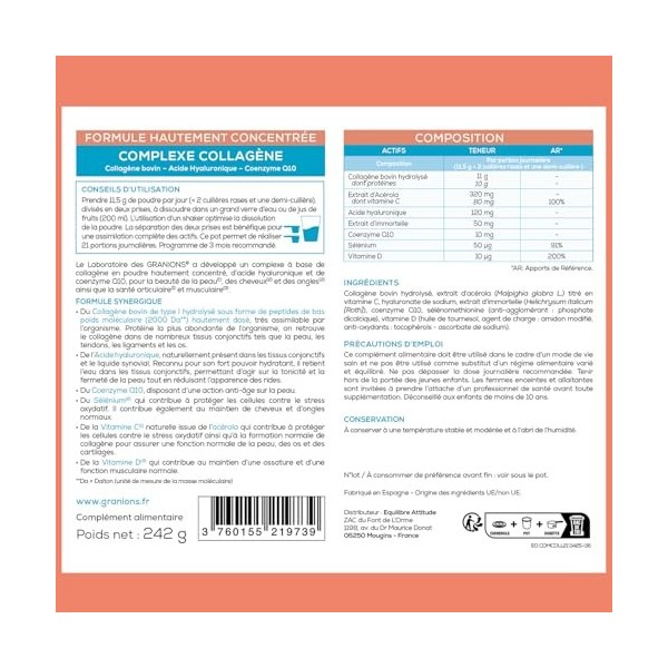 GRANIONS Complexe Collagene et Acide Hyaluronique - GRANIONS Collagène N°1 en Pharmacies - Coenzyme Q10 + Vitamine C + Seleni...