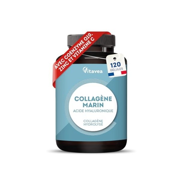 Collagène Marin + Acide Hyaluronique - 120 gélules - Peptides de Collagène Marin Hydrolysé, Type 1, 3 - Avec Coenzyme Q10, Vi