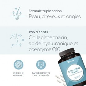 Collagène Marin + Acide Hyaluronique - 120 gélules - Peptides de Collagène Marin Hydrolysé, Type 1, 3 - Avec Coenzyme Q10, Vi