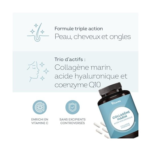Collagène Marin + Acide Hyaluronique - 120 gélules - Peptides de Collagène Marin Hydrolysé, Type 1, 3 - Avec Coenzyme Q10, Vi
