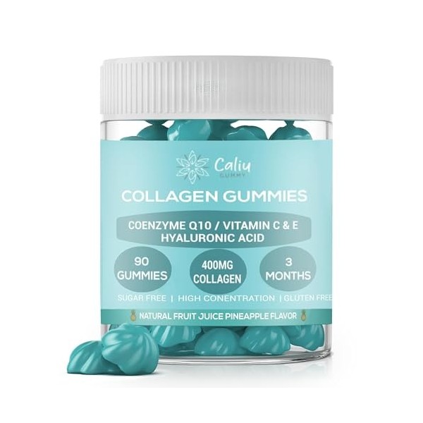 CALIU GUMMY | Gommes de Collagène 400 mg | 90 Gummies | Avec Acide Hyaluronique, Coenzyme Q10 & Vitamines C-E-D | Peau, Cheve