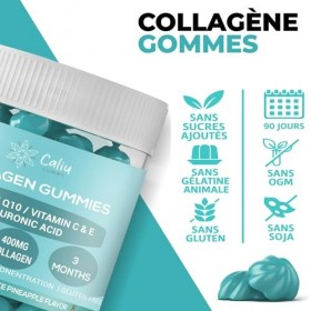 CALIU GUMMY | Gommes de Collagène 400 mg | 90 Gummies | Avec Acide Hyaluronique, Coenzyme Q10 & Vitamines C-E-D | Peau, Cheve
