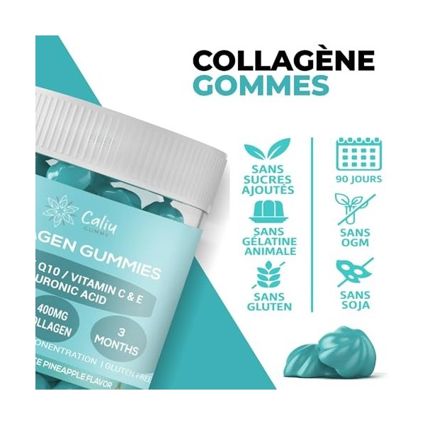 CALIU GUMMY | Gommes de Collagène 400 mg | 90 Gummies | Avec Acide Hyaluronique, Coenzyme Q10 & Vitamines C-E-D | Peau, Cheve