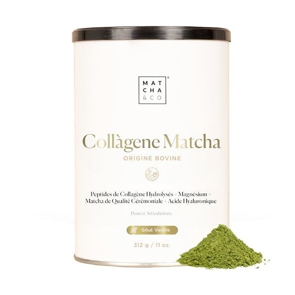Collagène avec magnésium, thé Matcha et acide hyaluronique. Articulations, peau et ongles. 300 g de poudre de collagène match