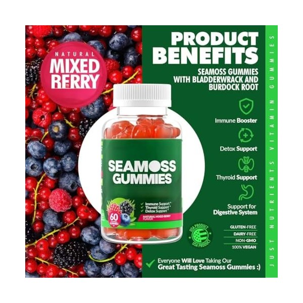 Sea Moss Gummies - Aide au soutien immunitaire, thyroïdien et détox - Extra fort pour hommes et femmes - Sans gluten, végétal