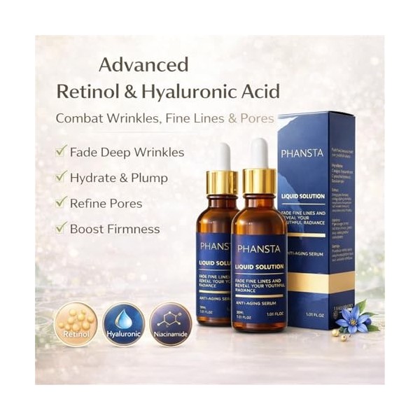 Sérum Visage Anti-Âge PHANSTA, Rétinol & Acide Hyaluronique Pour Fines Lignes Et Pores Visibles, Hydratant Raffermissant Avec...