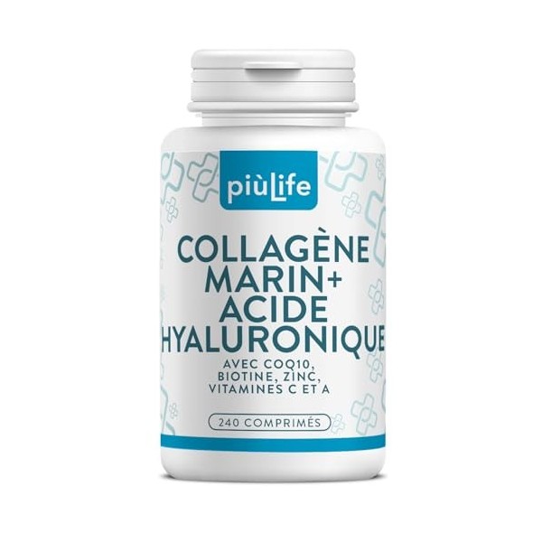 Collagène Marin Acide Hyaluronique PiùLife – 2000 mg Collagène Hydrolysé Type 1, Vitamine C, Biotine, Zinc, Q10 – 240 Gélules
