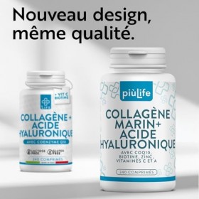 Collagène Marin Acide Hyaluronique PiùLife – 2000 mg Collagène Hydrolysé Type 1, Vitamine C, Biotine, Zinc, Q10 – 240 Gélules